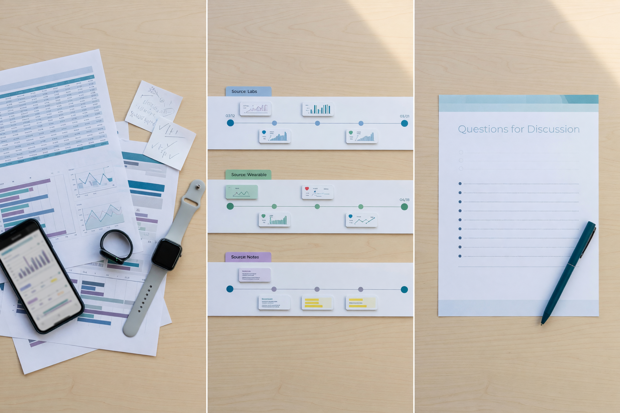 Health evidence organized into source-aware timelines and visit preparation notes